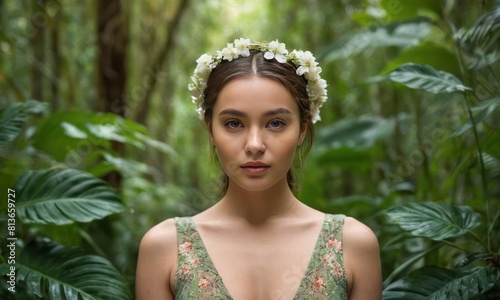 Portrait of a beautiful girl with a wreath of flowers on her head against the bokeh background of a tropical forest or jungle. Generative AI