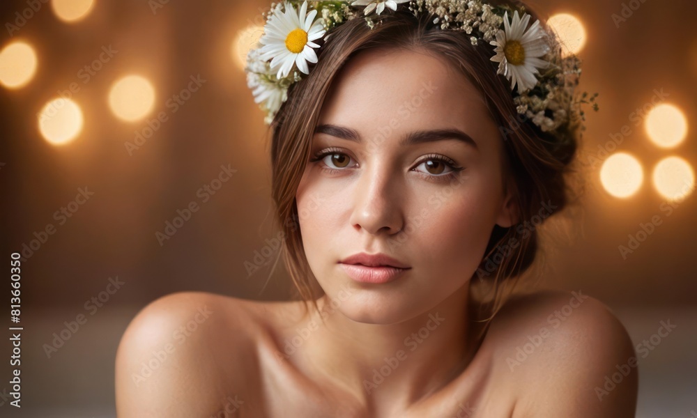 Portrait of a beautiful girl with nake shoulders and a wreath of flowers on her head against the bokeh background. Generative AI