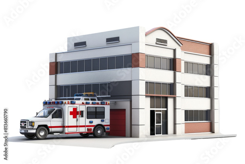 Hospital building with ambulance parked outside, isolated on white background