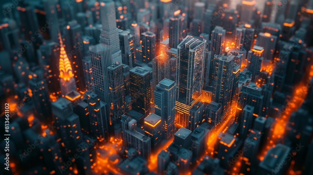 Naklejka premium Futuristic luminescent cityscape: aerial view with luminous 3d detailing in turquoise and orange