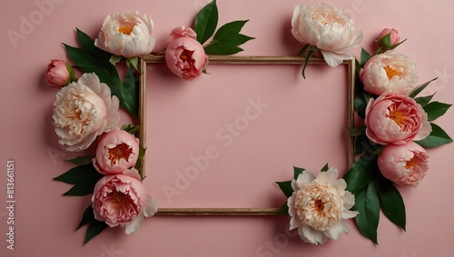 Frame made of beautiful peony flowers on pink background. Flat lay  copy space  summer flowers - generative ai 