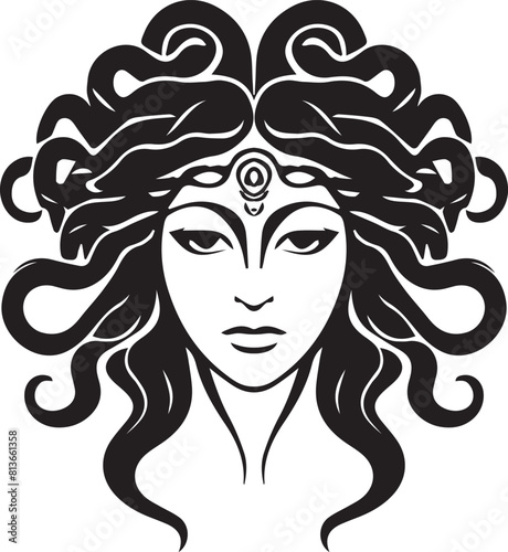 Greek mythology lover vector printable design. Medusa head minimalist portrait logo design 