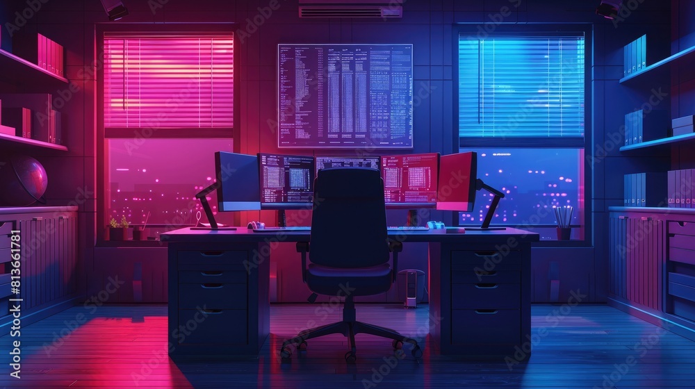 A dark room lit up by two neon lights, one red and one blue. There is a chair in the center of the room, in front of a large desk with two computers on it.