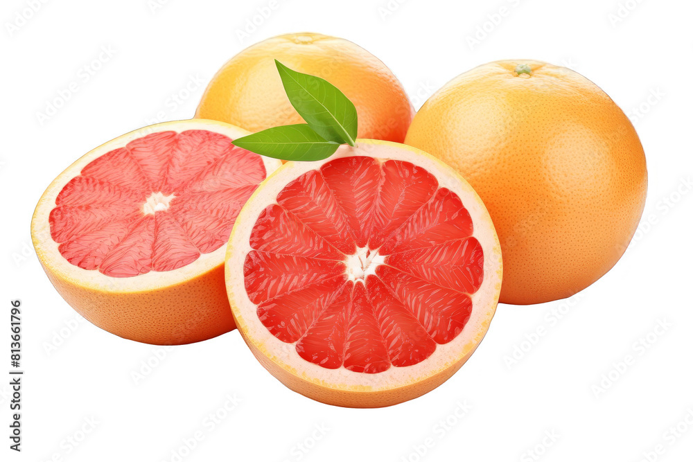 Three whole and two halves of a ripe grapefruit with green leaves isolated on a transparent background. Three whole and two halves of a ripe grapefruit with green leaves isolated on a transparent background.