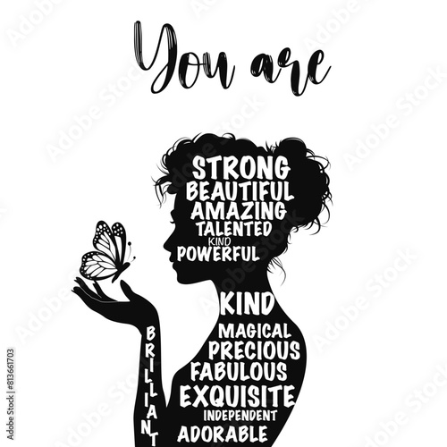 Empowered Woman Silhouette with Positive Words – Inspirational Women’s Day Vector

