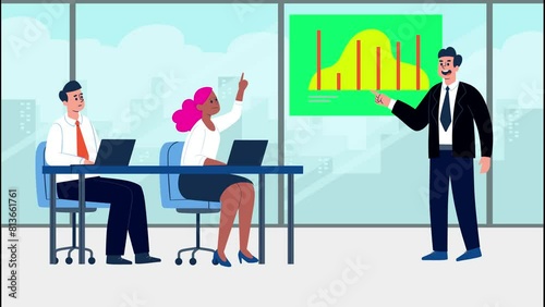 2D Motion graphics, Group of office workers men and women sitting at desks and communicating or talking to each other and boss in office meeting, Business people in office