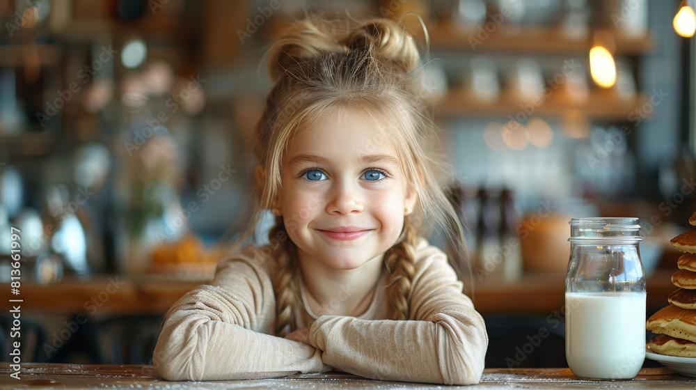 Cheerful young girl with braids sitting at a cafe table, smiling beside a jar of milk and stack of pancakes.
Cheerful young girl with braids sitting at a cafe table, smiling beside a jar of milk and stack of pancakes.