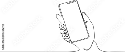 continuous single line drawing of hand holding smartphone, line art vector illustration