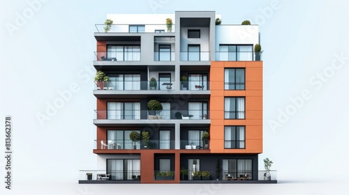 A four-story apartment building with a modern design