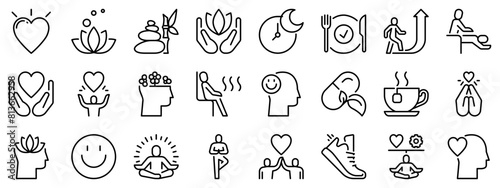 Icon set about wellness. Line icons on transparent background with editable stroke.