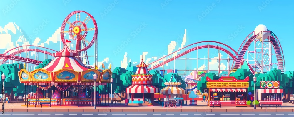 An amusement park with a Ferris wheel, roller coaster, and other rides. The park is full of people and there is a lot of activity. An amusement park with a Ferris wheel, roller coaster, and other rides. The park is full of people and there is a lot of activity.