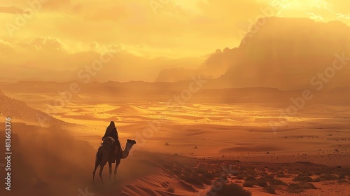 A lonely figure on a camelback journeys through a vast and unforgiving desert.