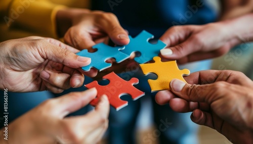 Hands Joining Colorful Puzzle Pieces Together.