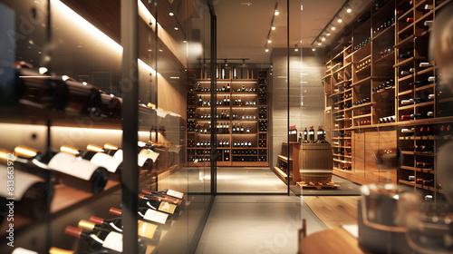 Modern wine cellar with glass walls, wooden racks filled with vintage bottles, and soft track lighting.