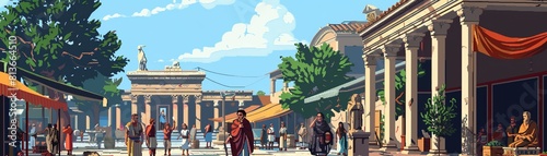 A bustling street in ancient Rome, with people wearing togas and tunics going about their daily business