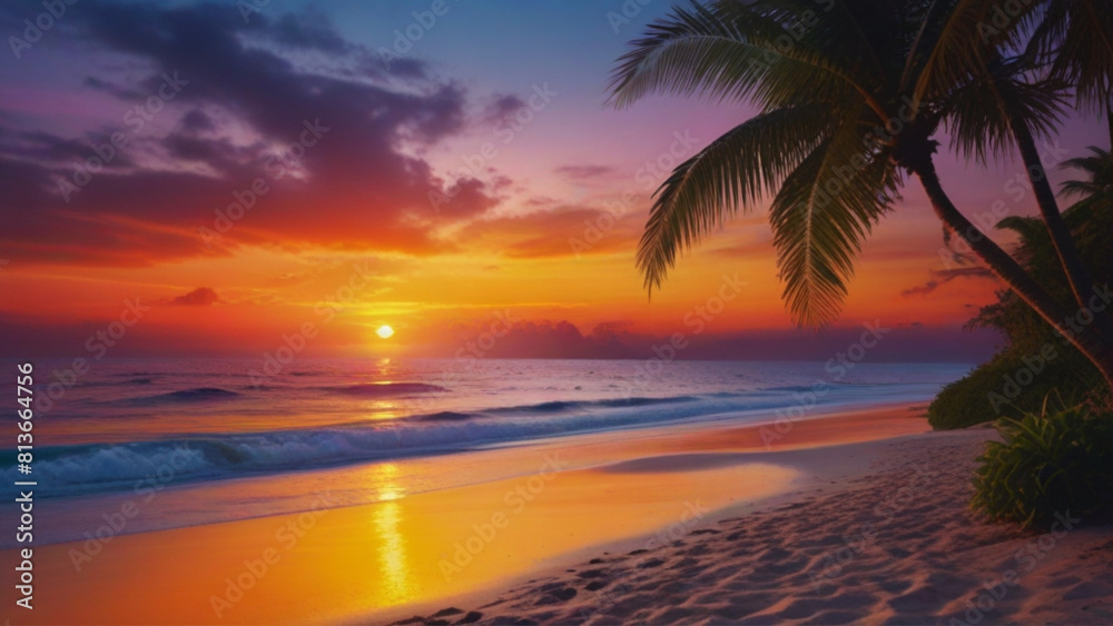 Beautiful sunset on tropical beach vector illustration
