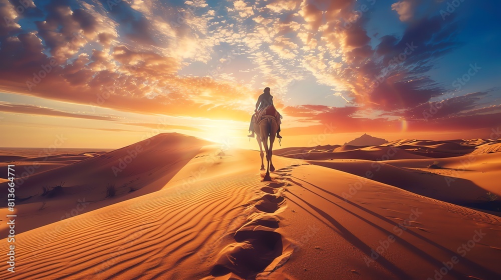 Fototapeta premium The image shows a lonely camel rider walking through the vast desert. The rider is wearing traditional clothing and is leading a camel caravan.