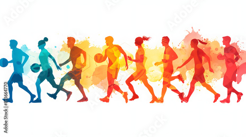 Colorful silhouette sequence of athletes running and playing sports. Dynamic motion concept. Watercolor illustration on white background