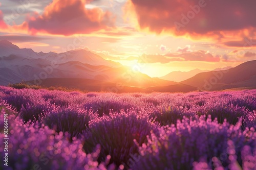 AI generated illustration of a sunset over a lavender field