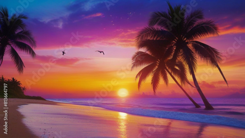 Beautiful sunset on tropical beach vector illustration © theeve