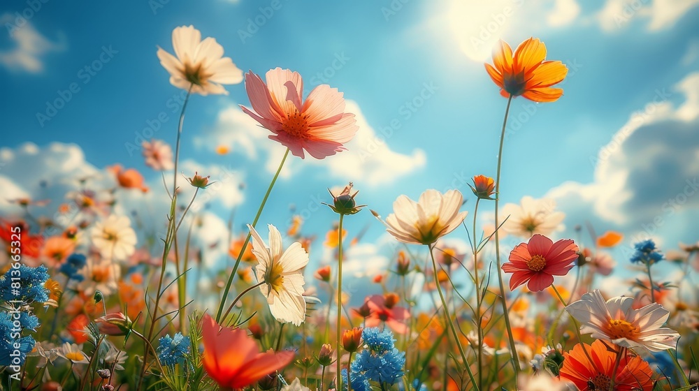 beautiful meadow flowers against blue sky