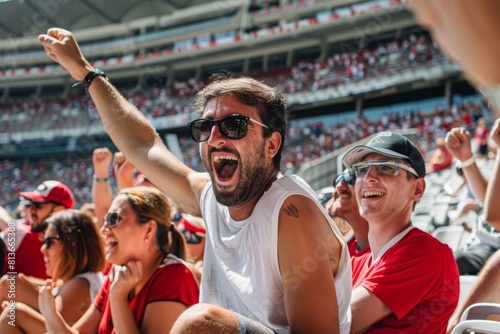 Excited young European man cheering at a sports event, surrounded by fans in a stadium  Concept: excitement, sports, fan, cheering, stadium © Aksana