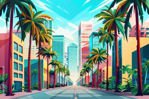 Flat Illustration of a City Street With Tall Palm Trees 