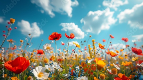 beautiful meadow flowers against blue sky, summer background