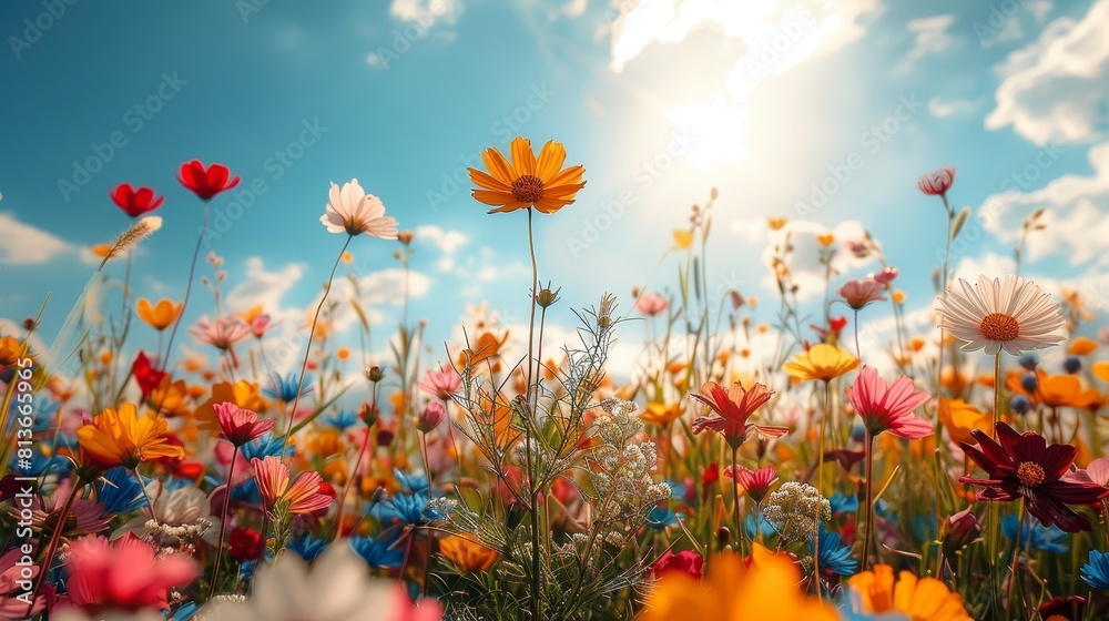 summer beautiful meadow flowers on blue sky background, background