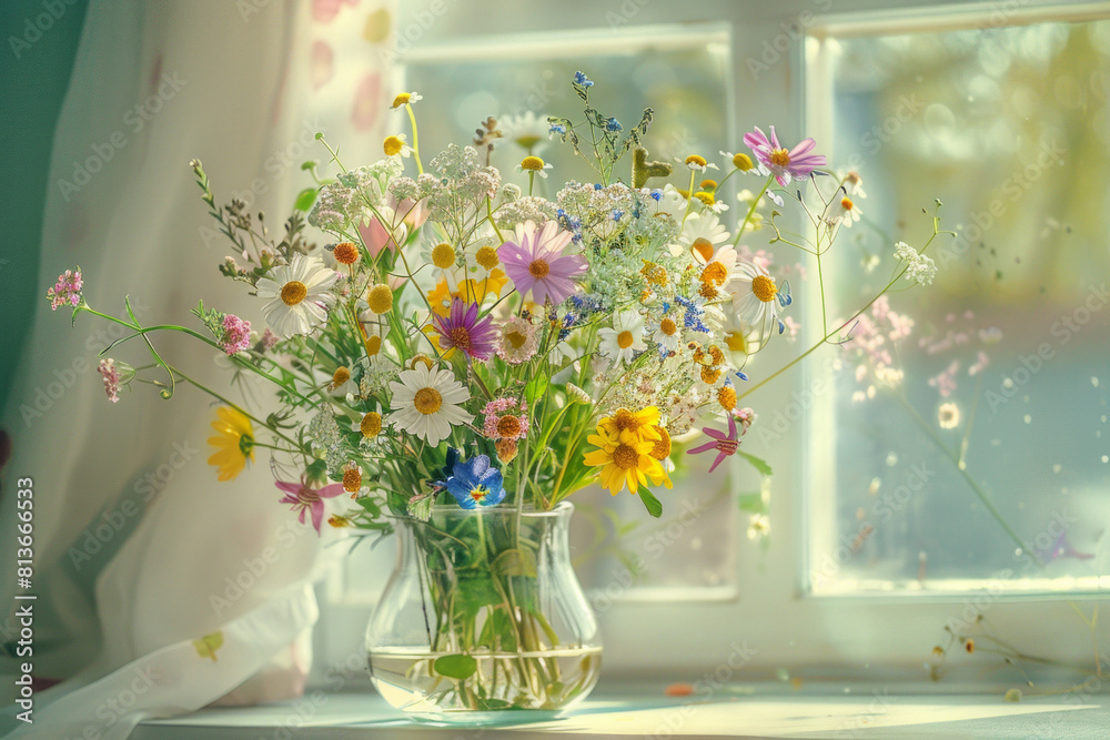 Assorted wildflowers arranged in a transparent glass vase, exuding natural beauty and charm. Perfect for floral arrangements, interior decor, or springtime imagery. Assorted wildflowers arranged in a transparent glass vase, exuding natural beauty and charm. Perfect for floral arrangements, interior decor, or springtime imagery.