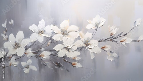 A painting of three white flowers with gold accents. The flowers are arranged in a row, with the middle one slightly larger than the others. The painting has a serene and calming mood © Murda