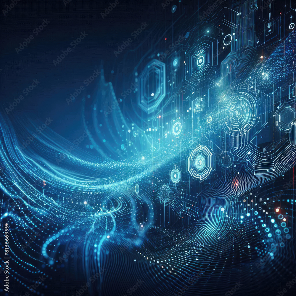 Abstract blue tech background with digital waves, dynamic network system, artificial neural connections, cyber quantum computing and electronic global, with Generative AI Techonology.
