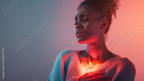 Portrait of a young black female touching her heart. Chest pain concept with a glow. Health treatment concept for tackling heartburn and indigestion. Heart attack risk in young people. 