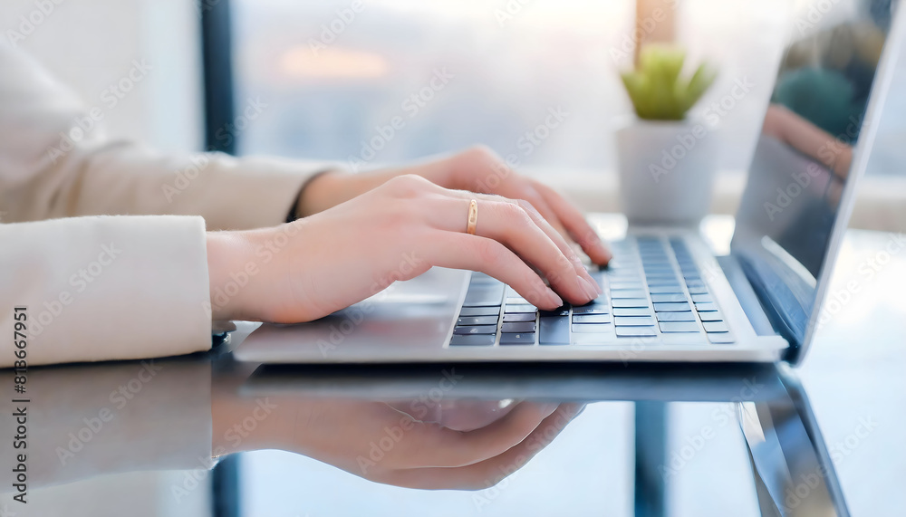 Business Woman Typing on Laptop at Table. Generative AI Business Woman Typing on Laptop at Table. Generative AI