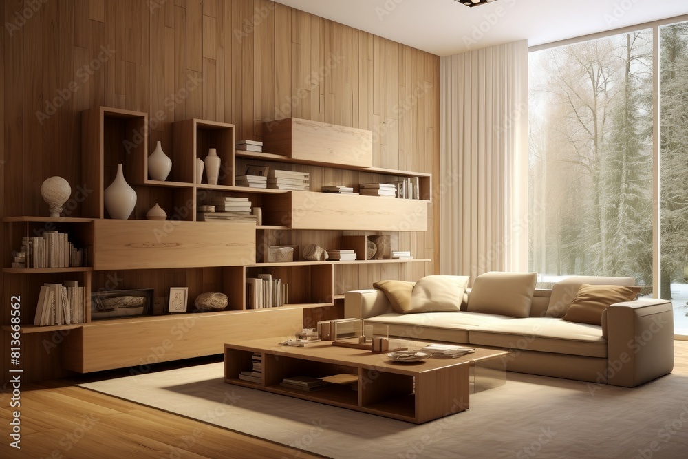 Elegant interior of a spacious living room featuring stylish wooden furniture and large windows with a forest view Elegant interior of a spacious living room featuring stylish wooden furniture and large windows with a forest view