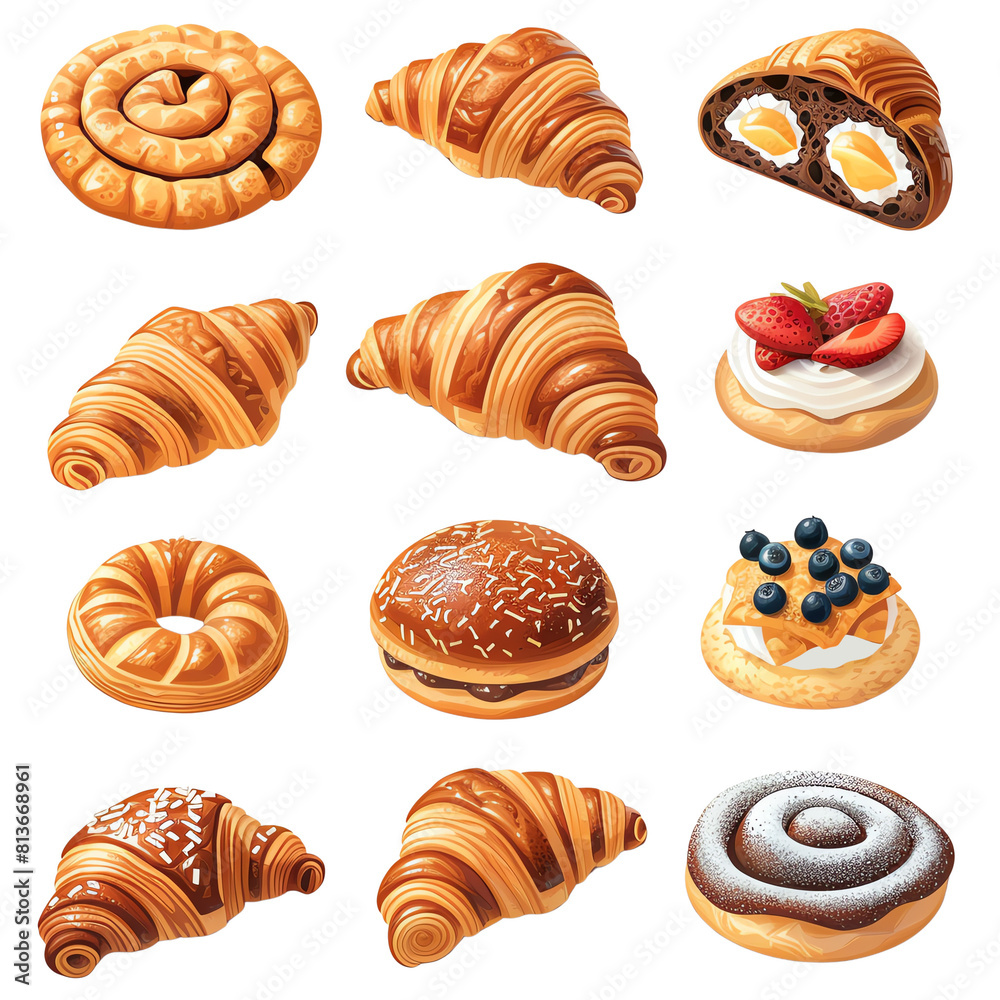 Various pastries and breads, including croissants, danishes, and buns. Isolated on white background. Various pastries and breads, including croissants, danishes, and buns. Isolated on white background.