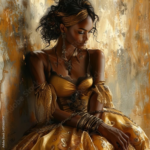 NeoClassical Nubian A digital art depiction of a Black woman in a neoclassical gown, posing in a dramatic, historical painting style, but with modern, vibrant colors