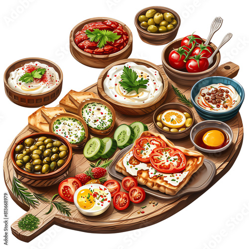 A delicious and healthy breakfast or lunch spread with a variety of fresh vegetables, olives, hummus, eggs, and pita bread. Isolated on white background.