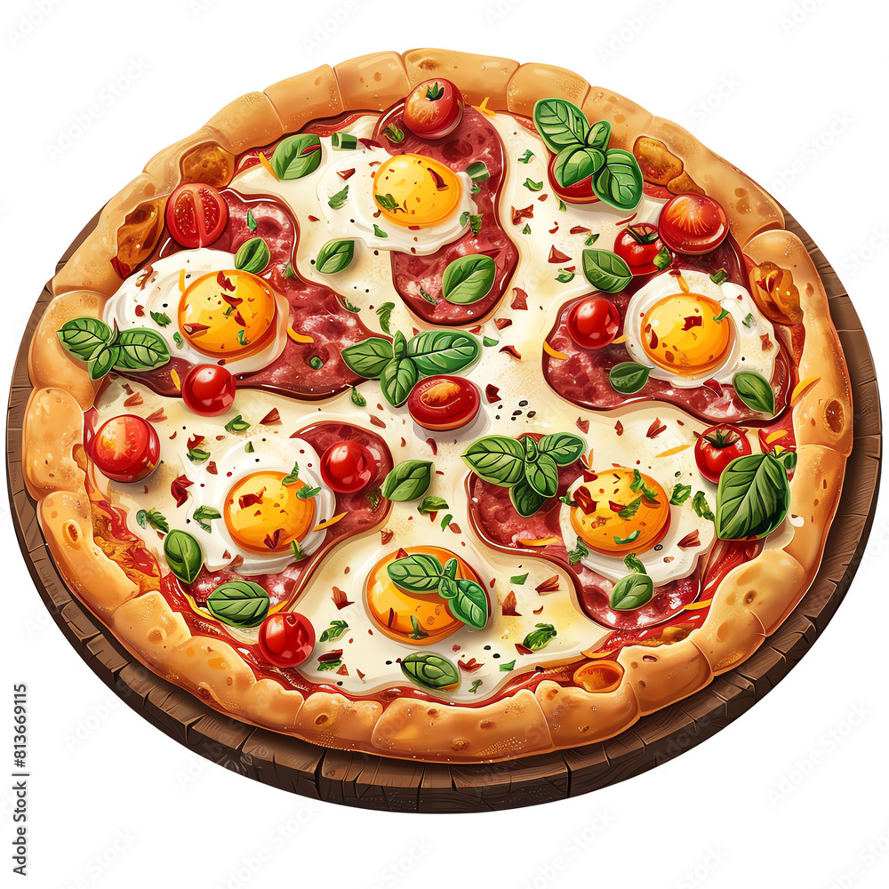 A delicious pizza with a crispy crust, topped with melted cheese, juicy tomatoes, and flavorful basil. Isolated on white background.