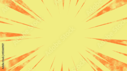 Orange radial halftone comic book style action line isolated on a yellow background. Speed abstract explosive polka, fast boom zoom, manga comics action design frame. Vector illustration