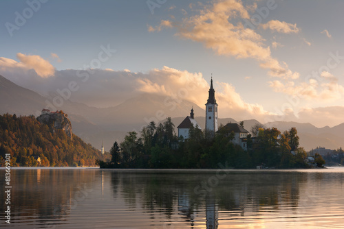 Sunrise landscape of famous alpine Bled lake (Blejsko jezero) in Slovenia photo