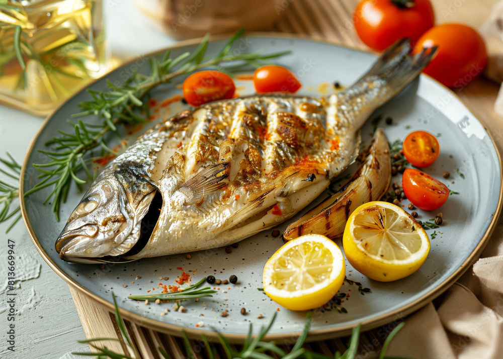 Grilled Dorado fish with lemon and cherry tomatoes on the plate in the restaurant, close-up Grilled Dorado fish with lemon and cherry tomatoes on the plate in the restaurant, close-up