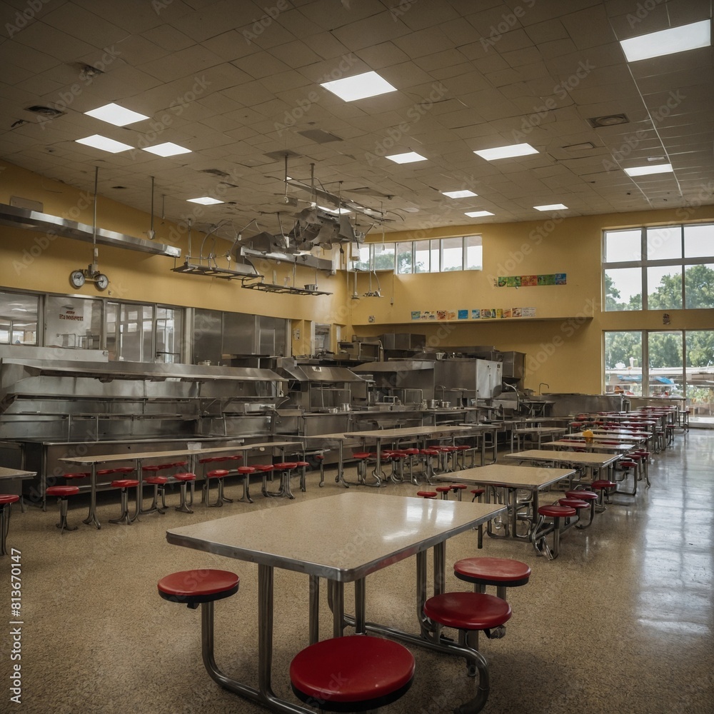 Showcase a school cafeteria where nutritious meals are served to students in a clean and safe environment.
Showcase a school cafeteria where nutritious meals are served to students in a clean and safe environment.