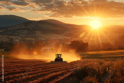 combine plows raw earth, soil, low sun is shining, mountains in the background, copy space