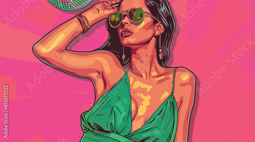 Fashionable beautiful woman in green dress and sunglasses