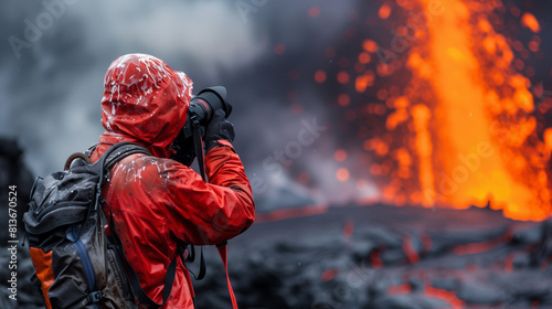 photographer man in a red jacket photographs a volcanic eruption, copy space 