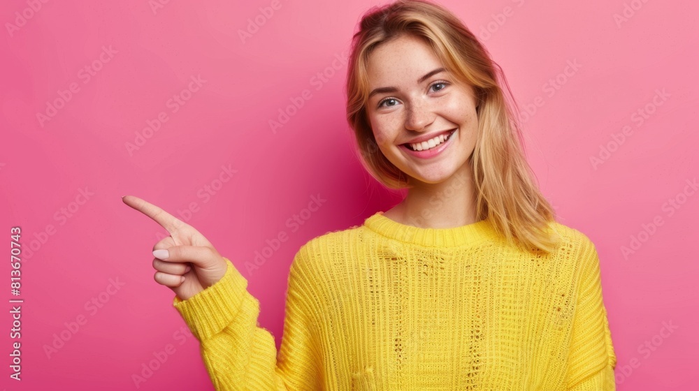 Smiling Woman Pointing to Side Smiling Woman Pointing to Side