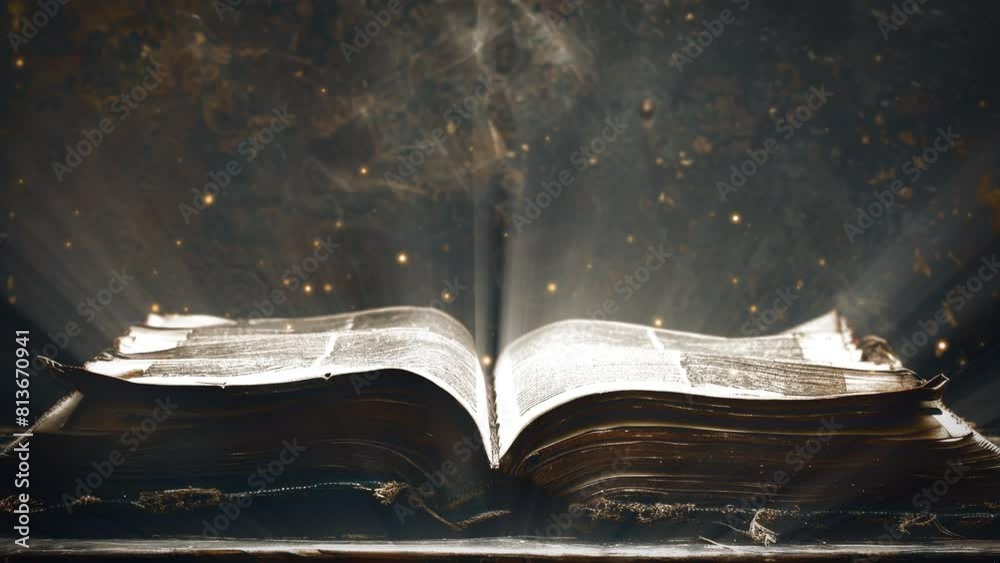  Animation of an open old book with rays of light and particles