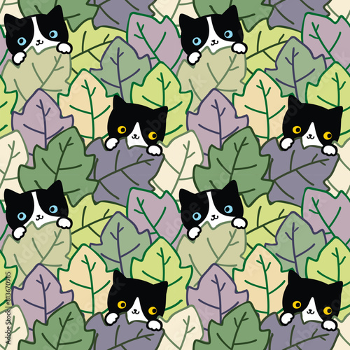 Seamless Pattern of Cartoon Cat and Leaf Illustration Design © Supannee