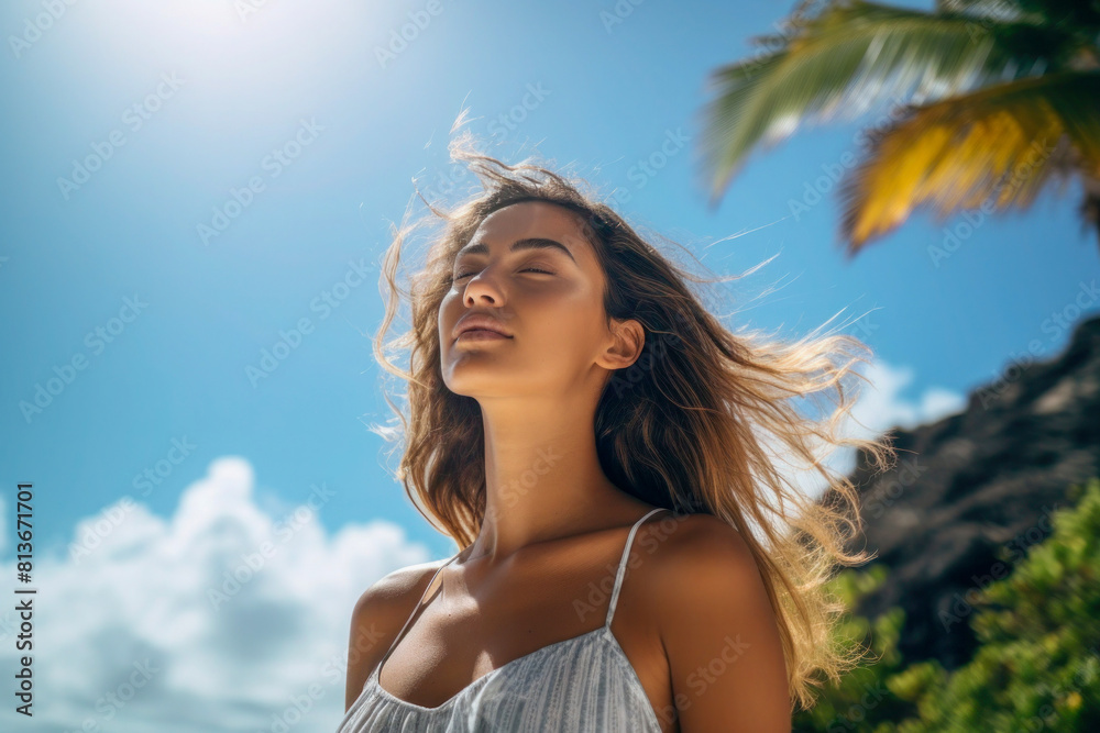 Naklejka premium Young woman enjoying the warmth of the sun on a tropical beach. Relaxation and connection with nature. Summer and travel concept.